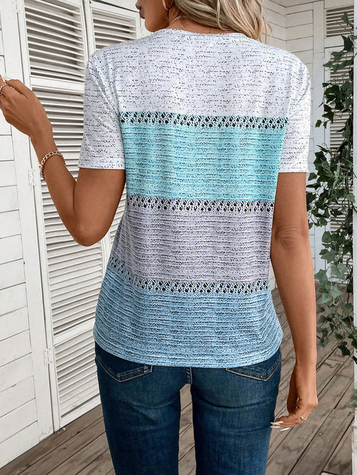 EMERY ROSE V-Neck Color Block Short Sleeve T-Shirt Graphic Tees Women Tops