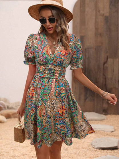 EMERY ROSE Women's Short Puff Sleeve Vacation Dress With Plant Print, V-Neck Design