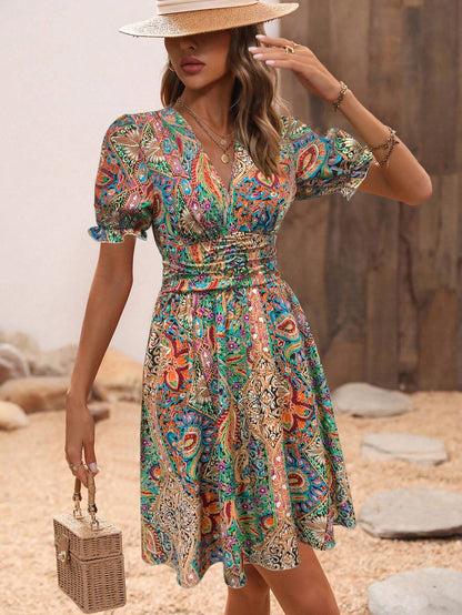 EMERY ROSE Women's Short Puff Sleeve Vacation Dress With Plant Print, V-Neck Design