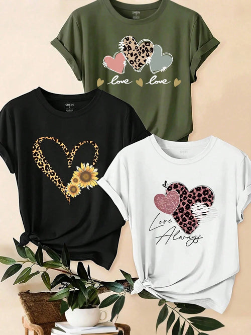 EMERY ROSE 3pcs/Set Leopard Print, Heart And Slogan Graphic Casual T-Shirt Tops