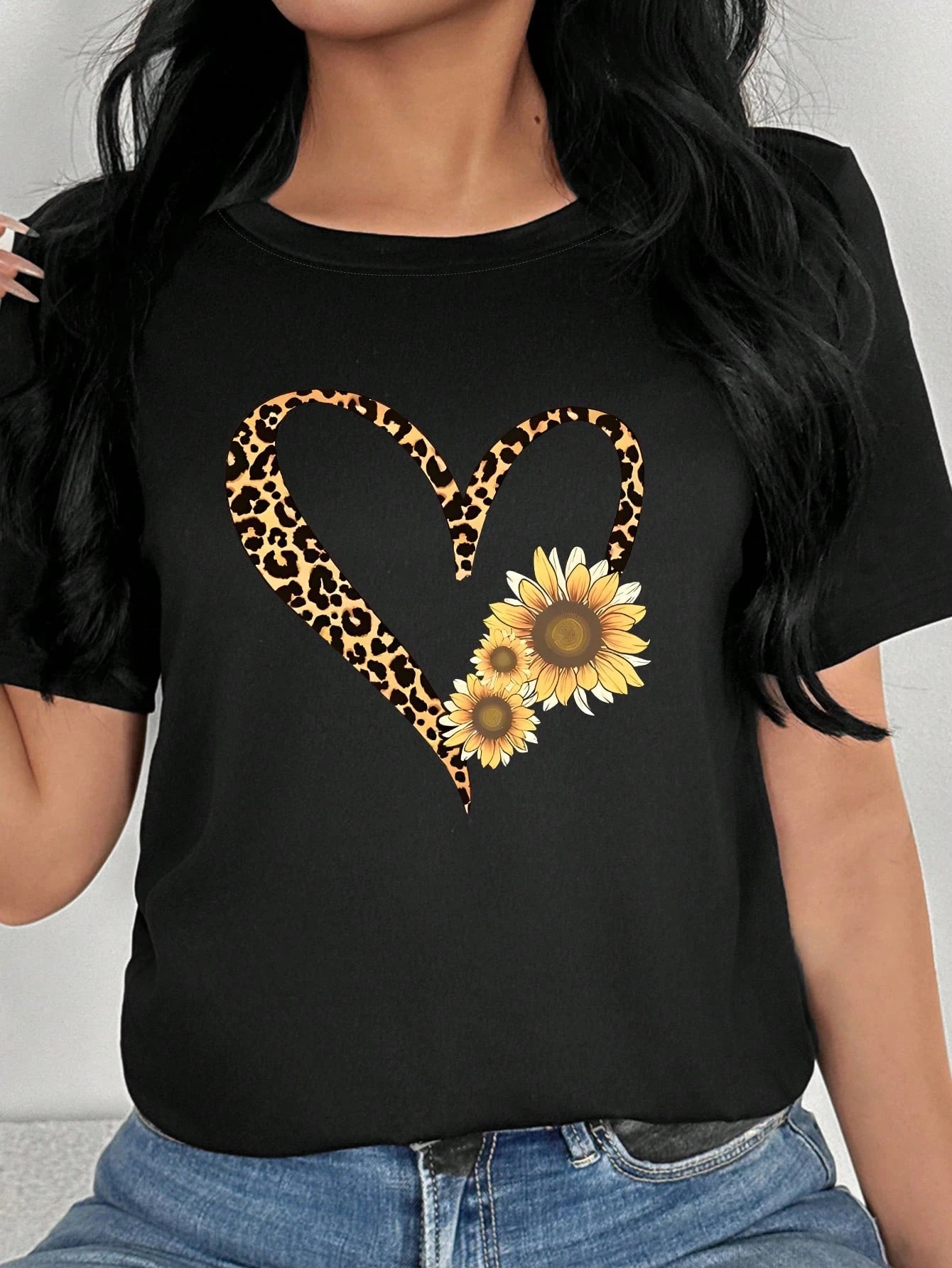EMERY ROSE 3pcs/Set Leopard Print, Heart And Slogan Graphic Casual T-Shirt Tops