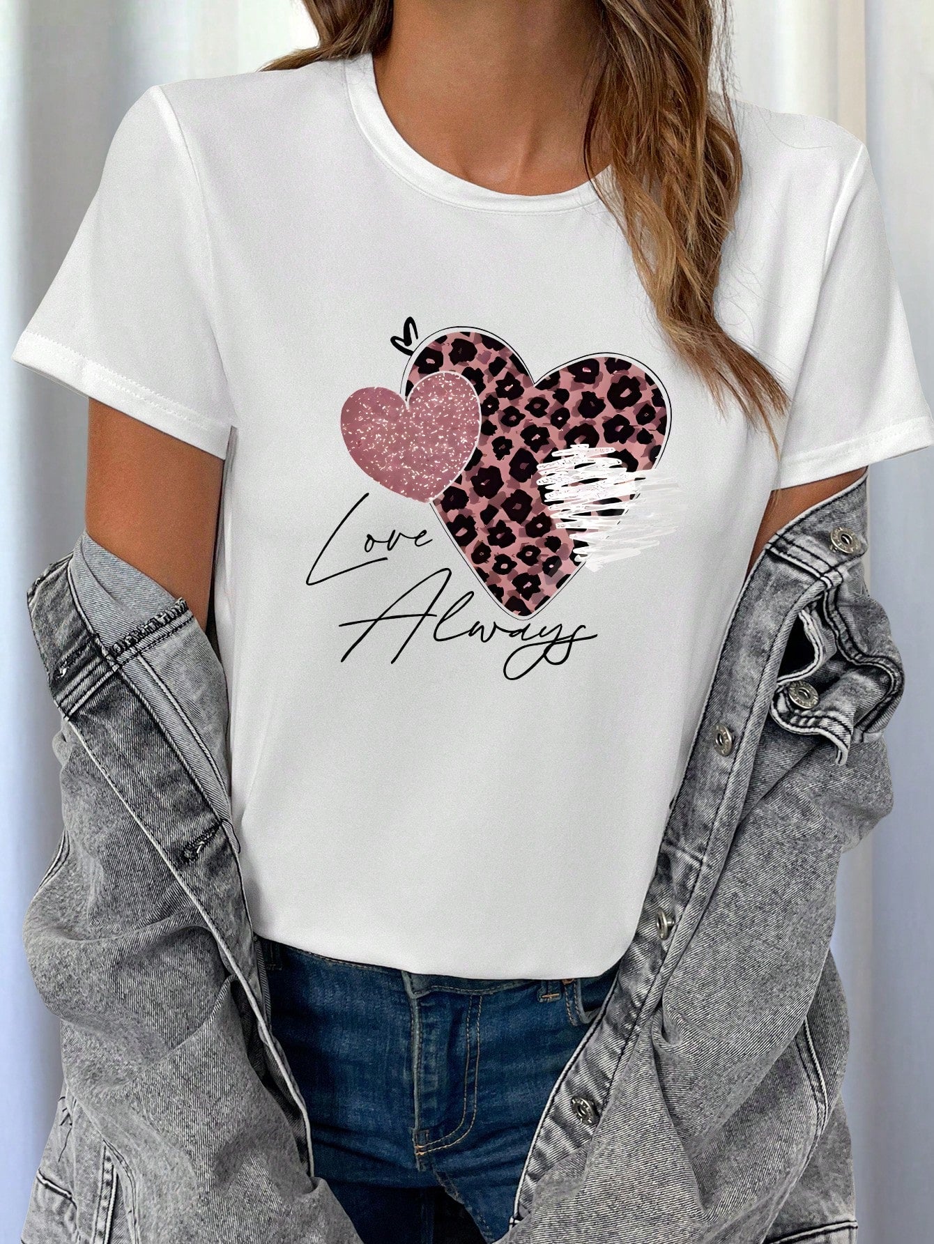 EMERY ROSE 3pcs/Set Leopard Print, Heart And Slogan Graphic Casual T-Shirt Tops