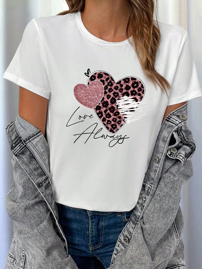 EMERY ROSE 3pcs/Set Leopard Print, Heart And Slogan Graphic Casual T-Shirt Tops