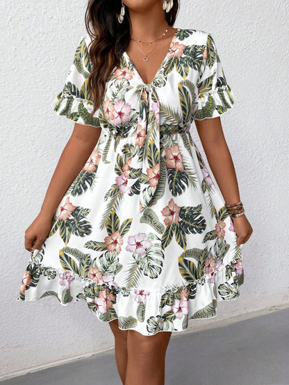 Women's Tropical Plant Print Front Knotted Short Sleeve Casual Dress, Vacation Outfit