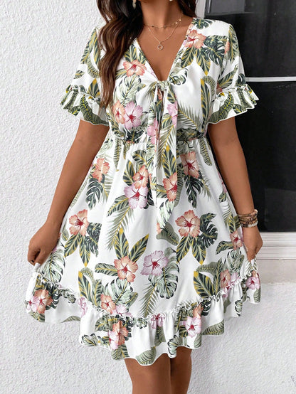 Women's Tropical Plant Print Front Knotted Short Sleeve Casual Dress, Vacation Outfit