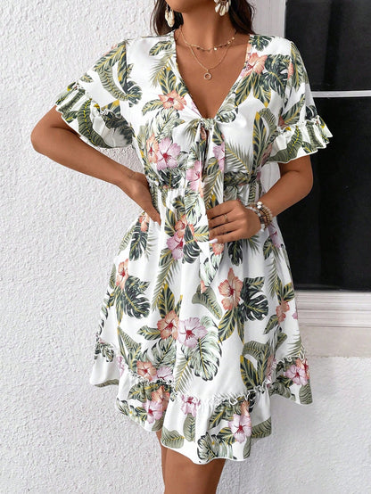 Women's Tropical Plant Print Front Knotted Short Sleeve Casual Dress, Vacation Outfit