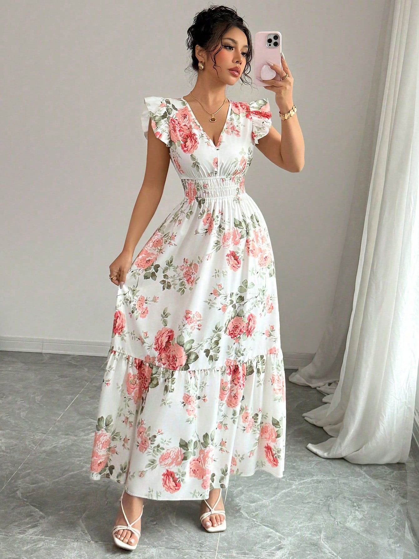 Women Romantic Floral Print Dress, Minimalist & Fashion, Suitable For Summer