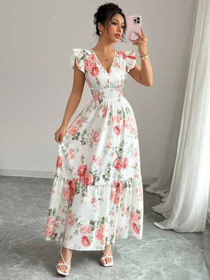 Women Romantic Floral Print Dress, Minimalist & Fashion, Suitable For Summer