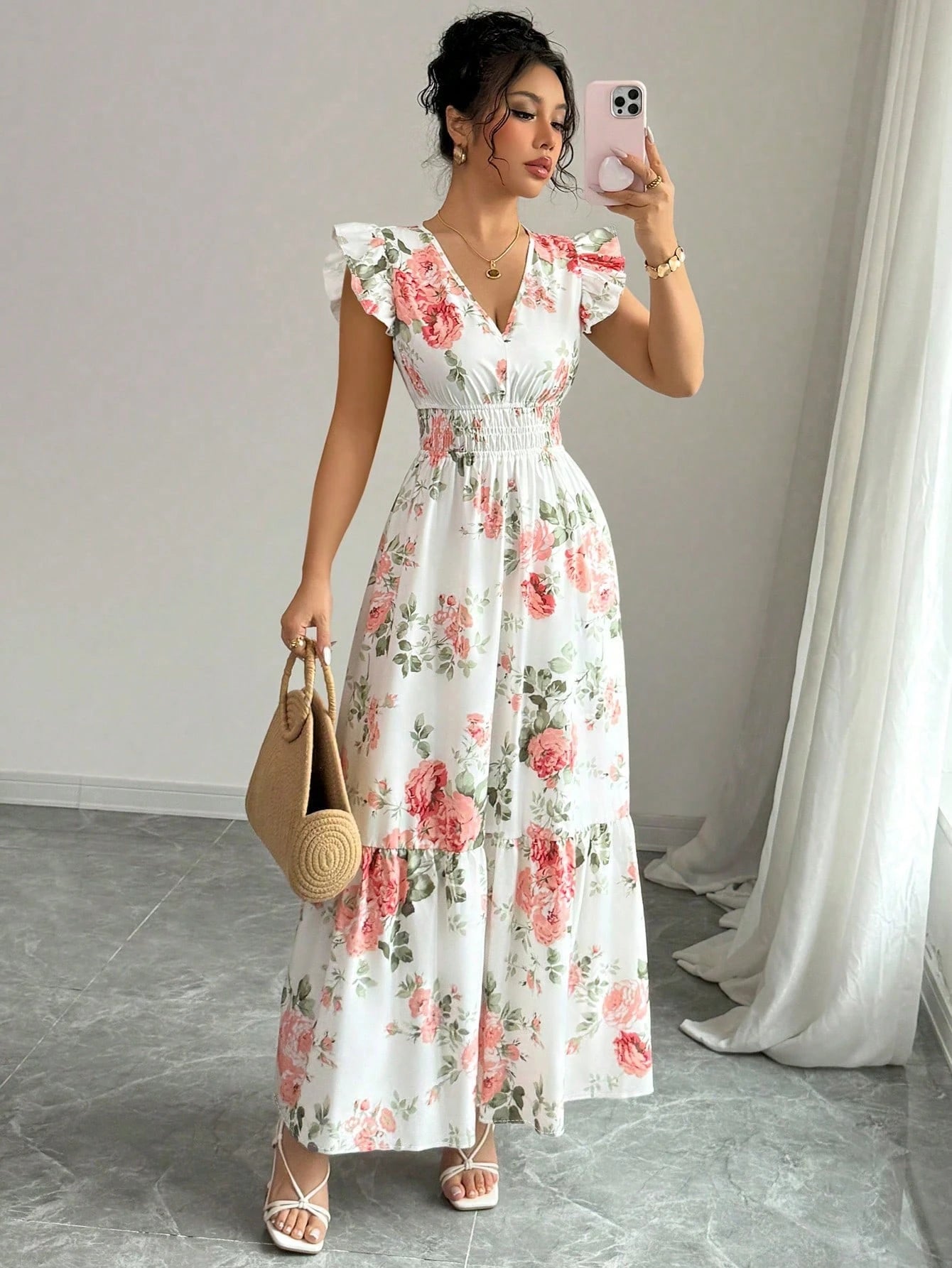 Women Romantic Floral Print Dress, Minimalist & Fashion, Suitable For Summer