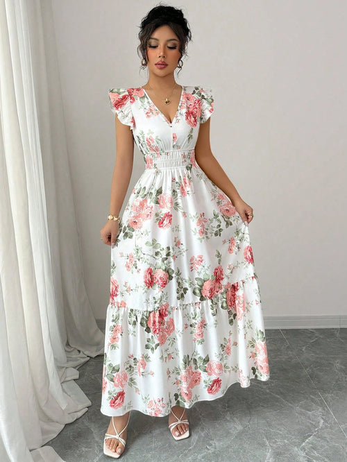 Women Romantic Floral Print Dress, Minimalist & Fashion, Suitable For Summer