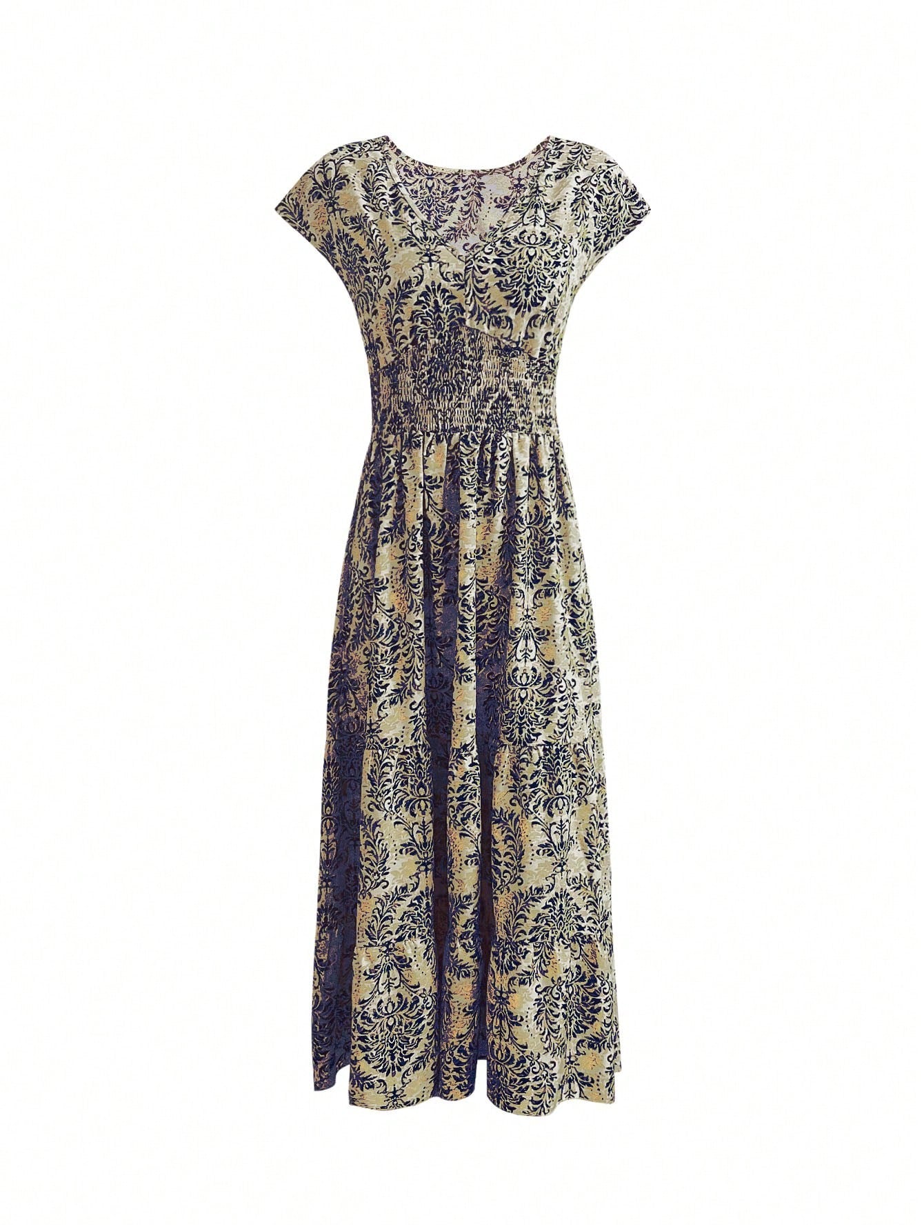 New Summer V-Neck Short Sleeve Floral Printed Dress, Lady Elegant Maxi Long Dress