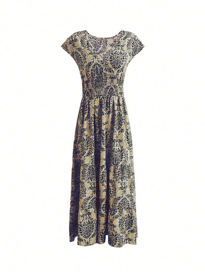 New Summer V-Neck Short Sleeve Floral Printed Dress, Lady Elegant Maxi Long Dress