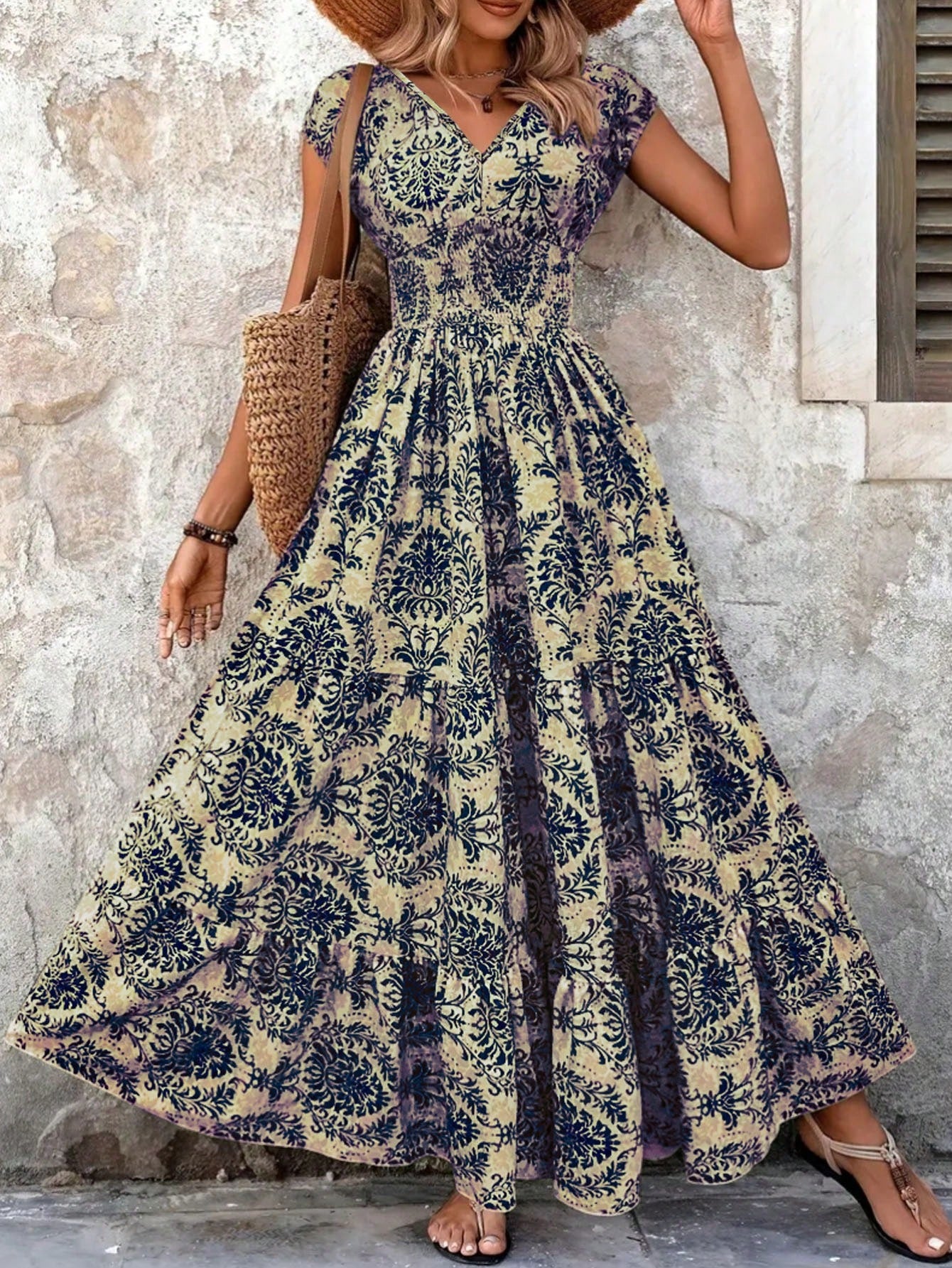 New Summer V-Neck Short Sleeve Floral Printed Dress, Lady Elegant Maxi Long Dress