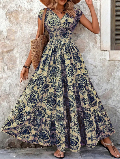 New Summer V-Neck Short Sleeve Floral Printed Dress, Lady Elegant Maxi Long Dress