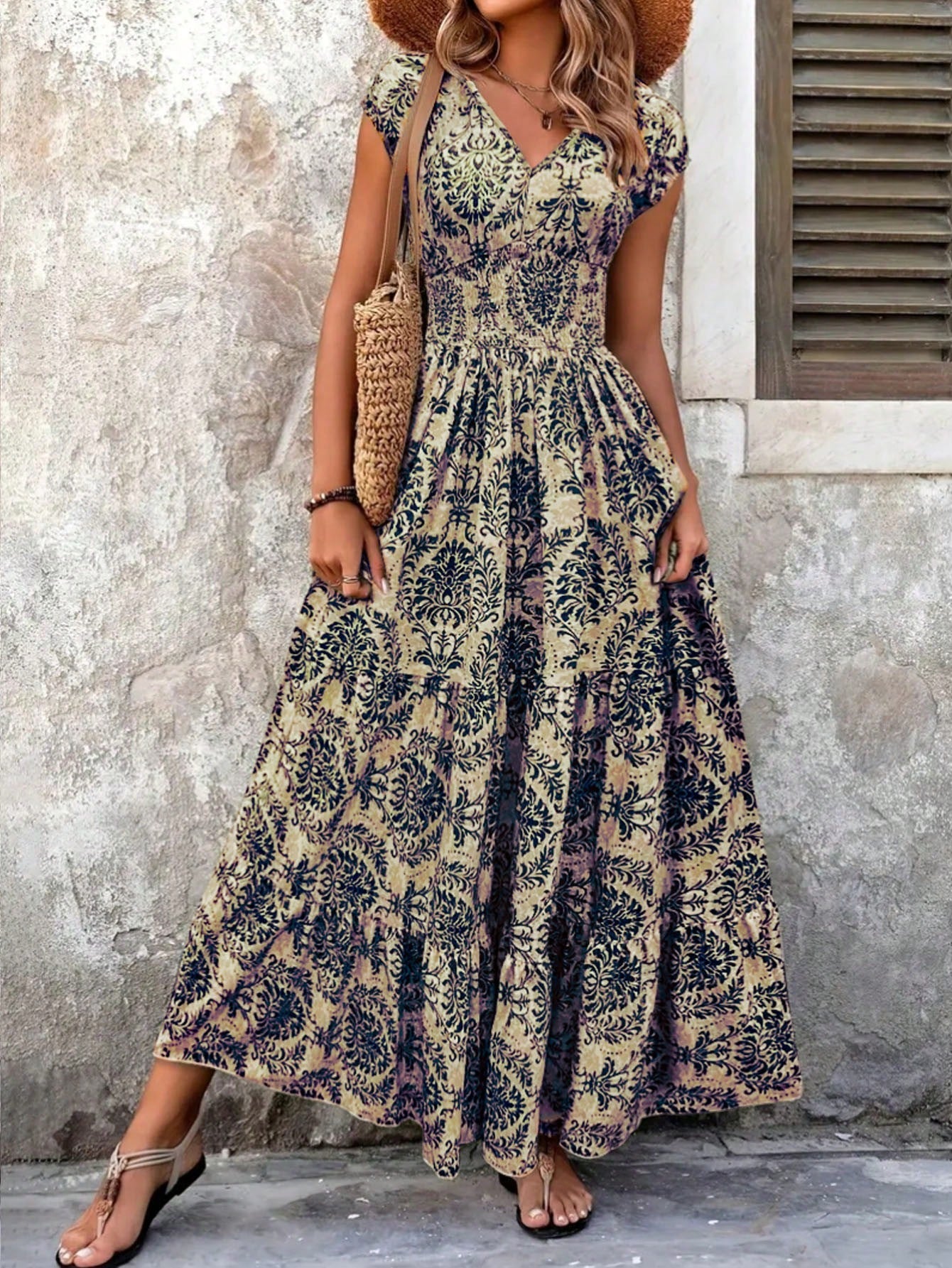 New Summer V-Neck Short Sleeve Floral Printed Dress, Lady Elegant Maxi Long Dress