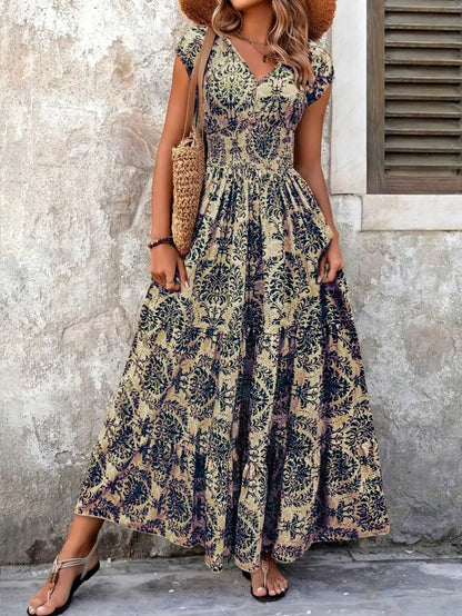 New Summer V-Neck Short Sleeve Floral Printed Dress, Lady Elegant Maxi Long Dress