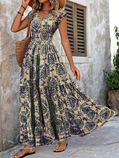 New Summer V-Neck Short Sleeve Floral Printed Dress, Lady Elegant Maxi Long Dress