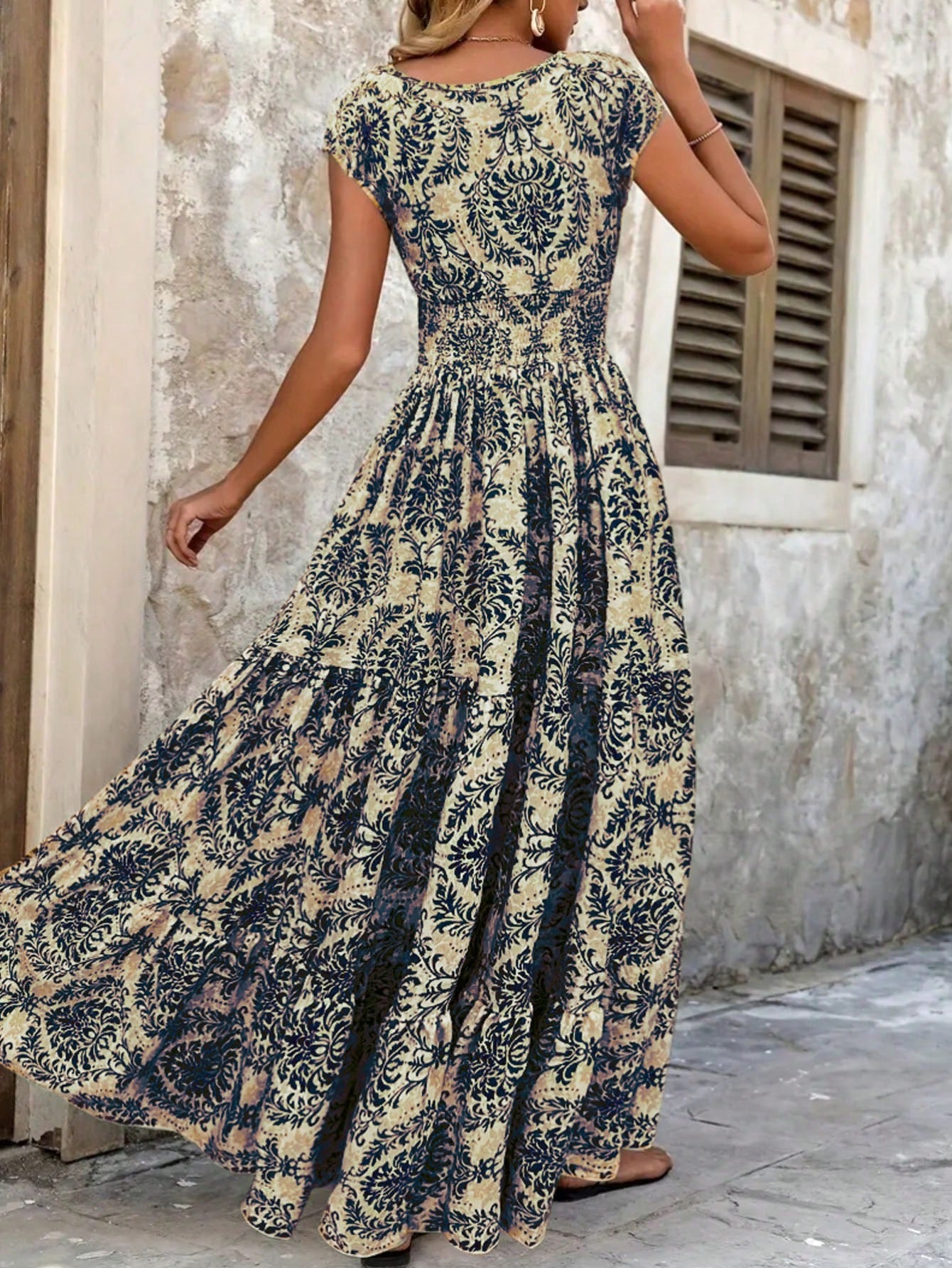 New Summer V-Neck Short Sleeve Floral Printed Dress, Lady Elegant Maxi Long Dress