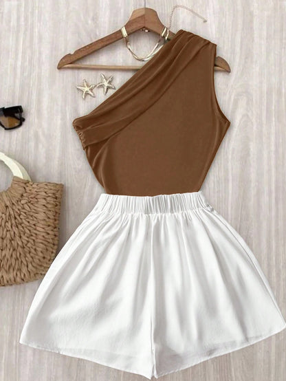 EMERY ROSE Pleated Shoulder Top & White Elastic-Waist Pants Set