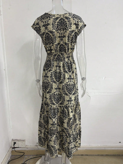 New Summer V-Neck Short Sleeve Floral Printed Dress, Lady Elegant Maxi Long Dress