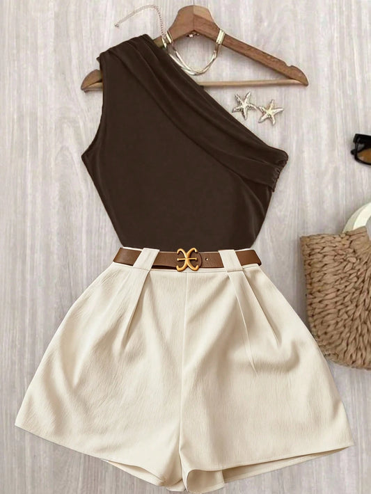 EMERY ROSE Pleated Shoulder Top & White Elastic-Waist Pants Set