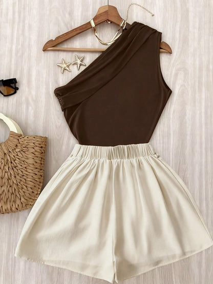 EMERY ROSE Pleated Shoulder Top & White Elastic-Waist Pants Set