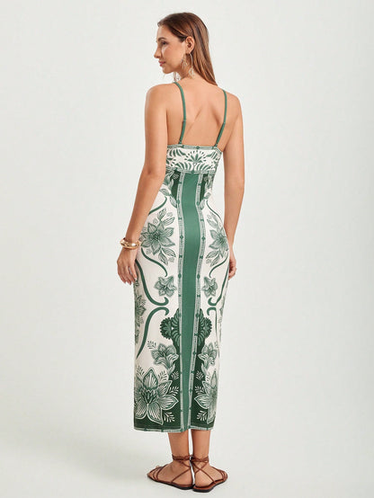 Women's Summer Vacation Boho Floral Print Front Tie Strap Comfortable Fit Knit Long Dress, Resort Dress