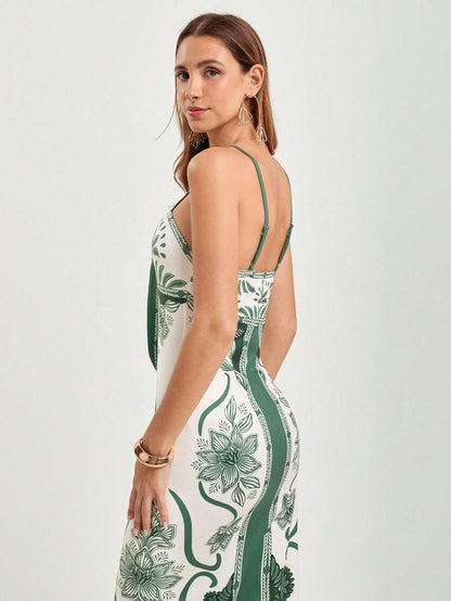 Women's Summer Vacation Boho Floral Print Front Tie Strap Comfortable Fit Knit Long Dress, Resort Dress