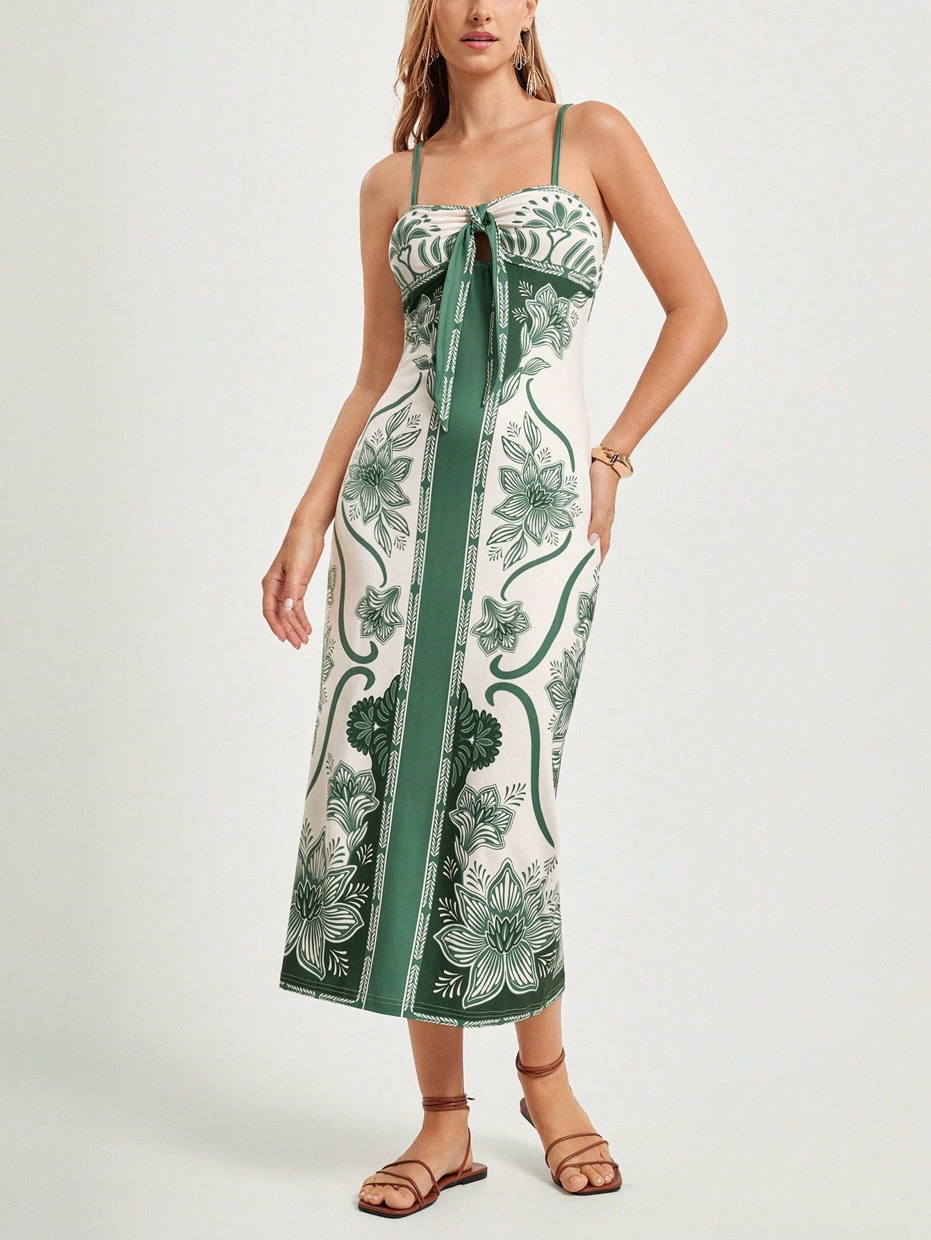 Women's Summer Vacation Boho Floral Print Front Tie Strap Comfortable Fit Knit Long Dress, Resort Dress