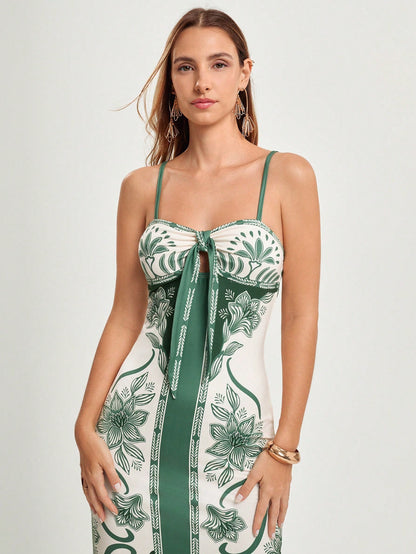 Women's Summer Vacation Boho Floral Print Front Tie Strap Comfortable Fit Knit Long Dress, Resort Dress