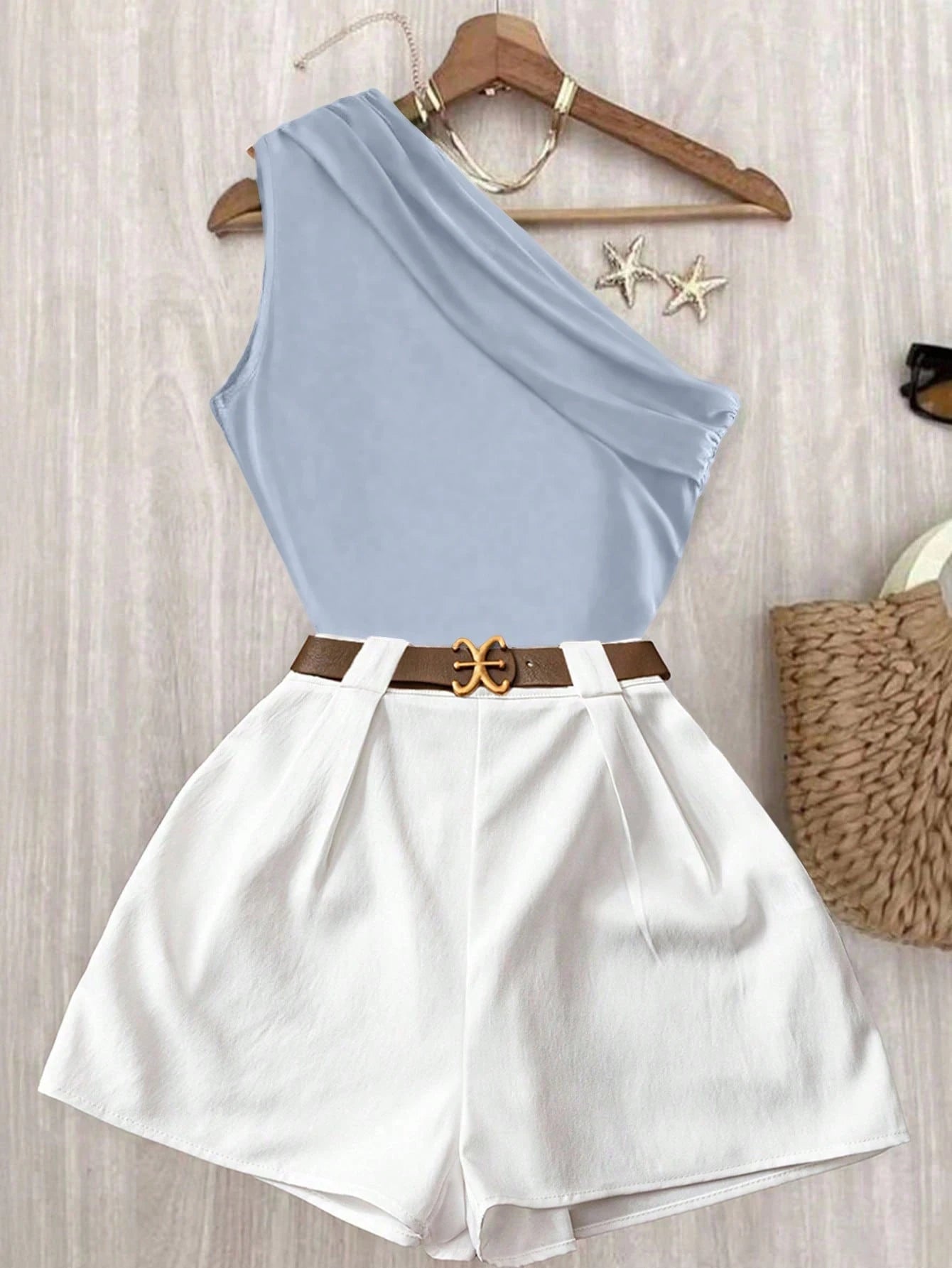 EMERY ROSE Pleated Shoulder Top & White Elastic-Waist Pants Set