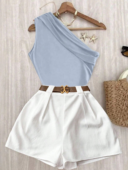 EMERY ROSE Pleated Shoulder Top & White Elastic-Waist Pants Set