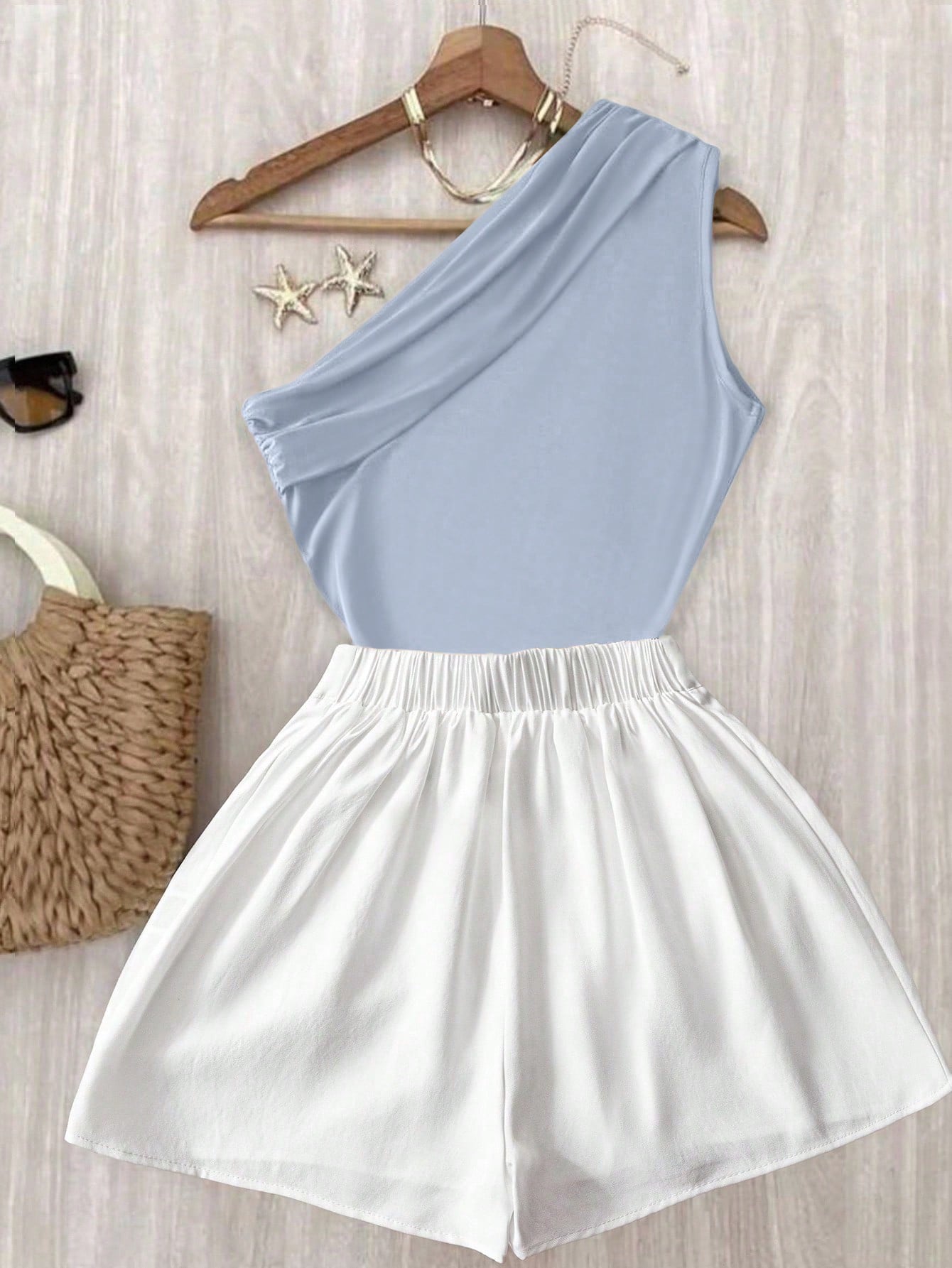 EMERY ROSE Pleated Shoulder Top & White Elastic-Waist Pants Set