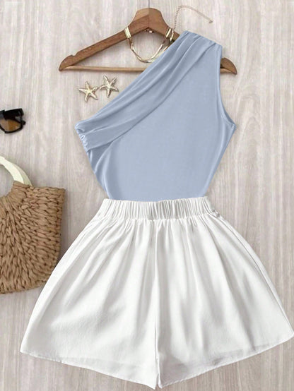 EMERY ROSE Pleated Shoulder Top & White Elastic-Waist Pants Set